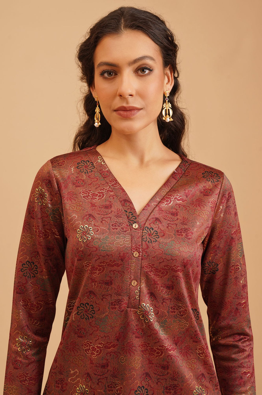Maroon Jacquard Straight Winter Kurta with Palazzo Set