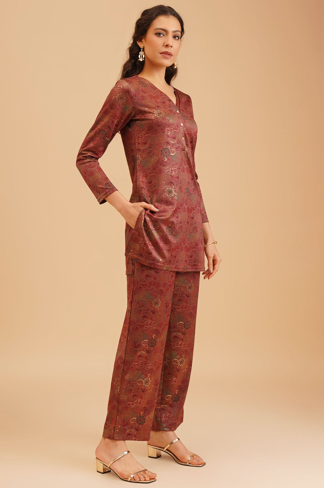 Maroon Jacquard Straight Winter Kurta with Palazzo Set