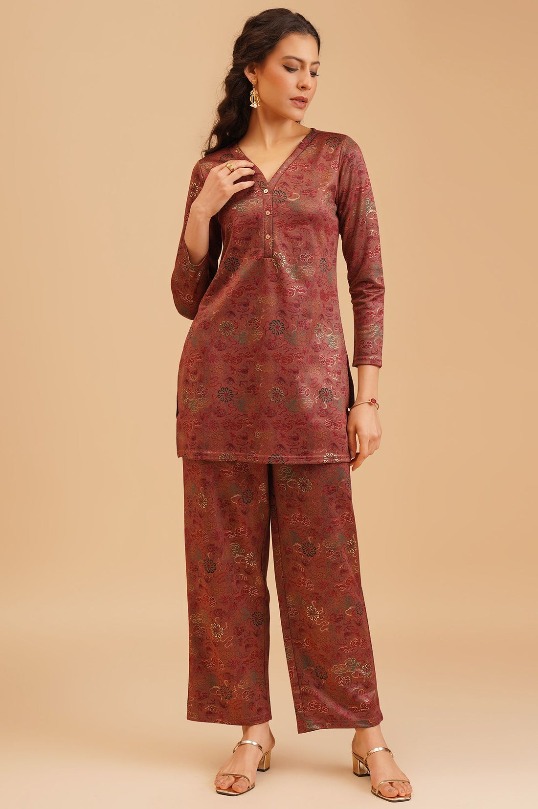 Maroon Jacquard Straight Winter Kurta with Palazzo Set