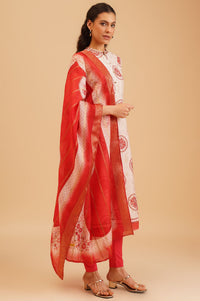 Off White Floral Printed Sequins Silk A-line Kurta with Tights and Dupatta Set