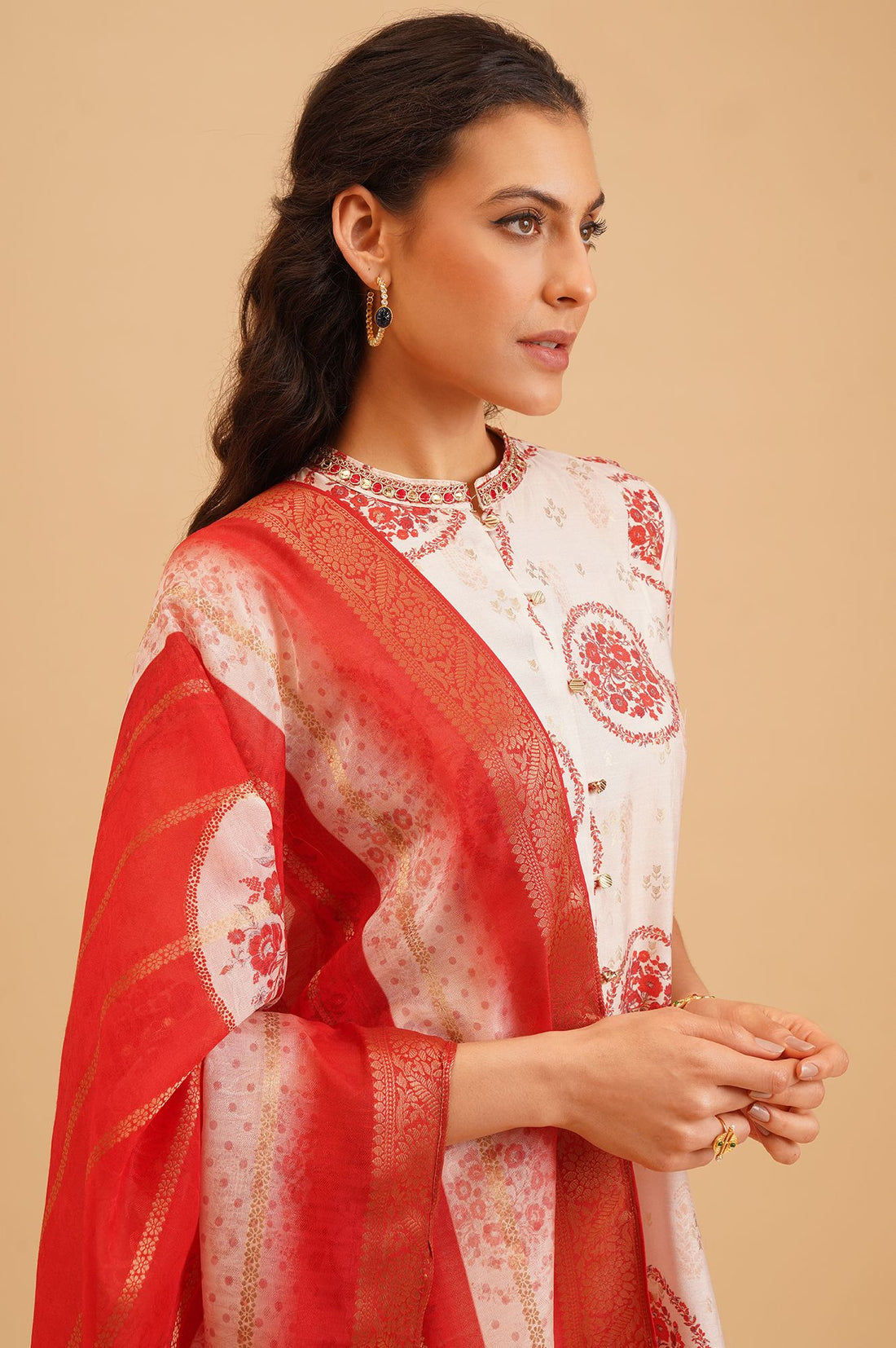 Off White Floral Printed Sequins Silk A-line Kurta with Tights and Dupatta Set