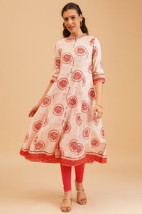 Off White Floral Printed Sequins Silk A-line Kurta with Tights and Dupatta Set