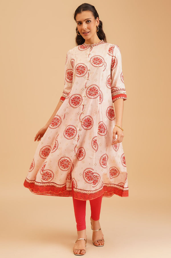 Off White Floral Printed Sequins Silk A-line Kurta with Tights and Dupatta Set