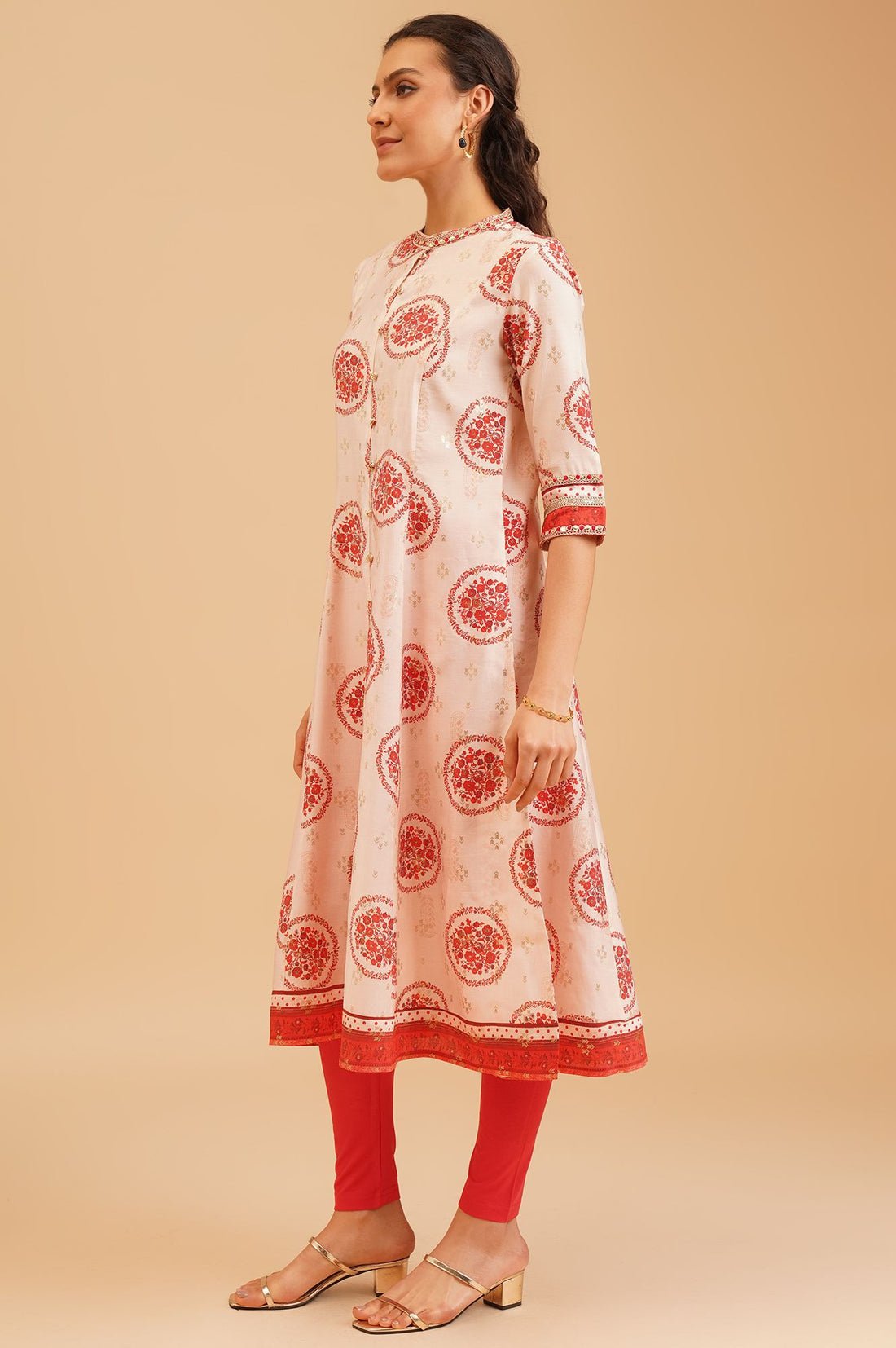 Off White Floral Printed Sequins Silk A-line Kurta with Tights and Dupatta Set