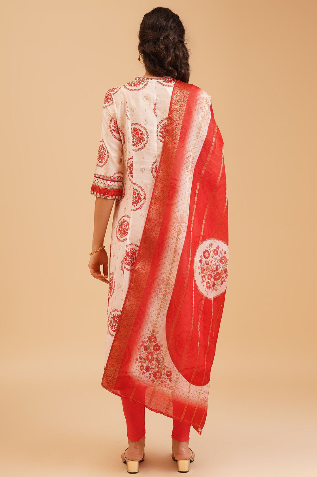 Off White Floral Printed Sequins Silk A-line Kurta with Tights and Dupatta Set