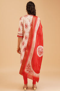 Off White Floral Printed Sequins Silk A-line Kurta with Tights and Dupatta Set