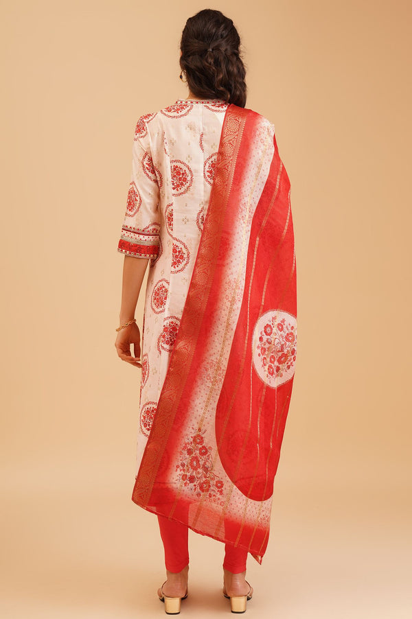 Off White Floral Printed Sequins Silk A-line Kurta with Tights and Dupatta Set