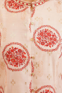 Off White Floral Printed Sequins Silk A-line Kurta with Tights and Dupatta Set