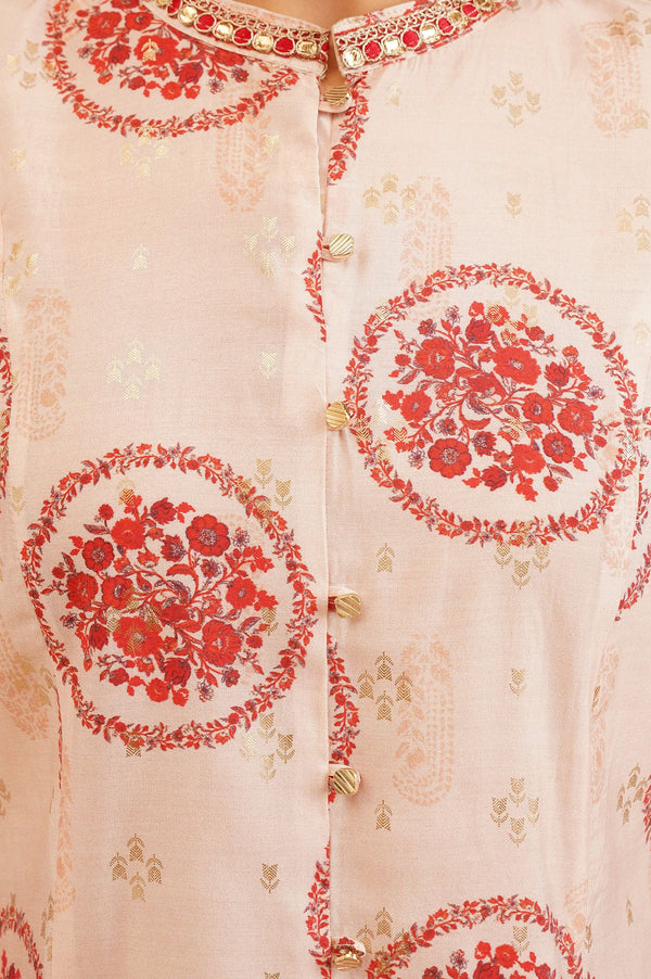 Off White Floral Printed Sequins Silk A-line Kurta with Tights and Dupatta Set