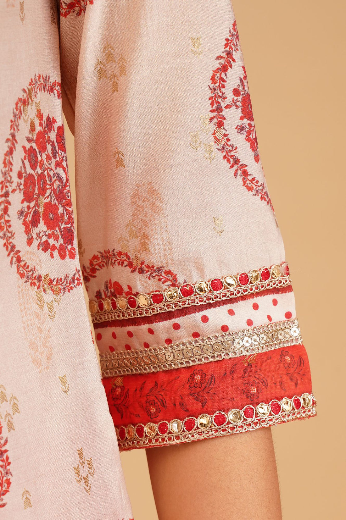 Off White Floral Printed Sequins Silk A-line Kurta with Tights and Dupatta Set