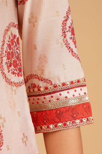 Off White Floral Printed Sequins Silk A-line Kurta with Tights and Dupatta Set