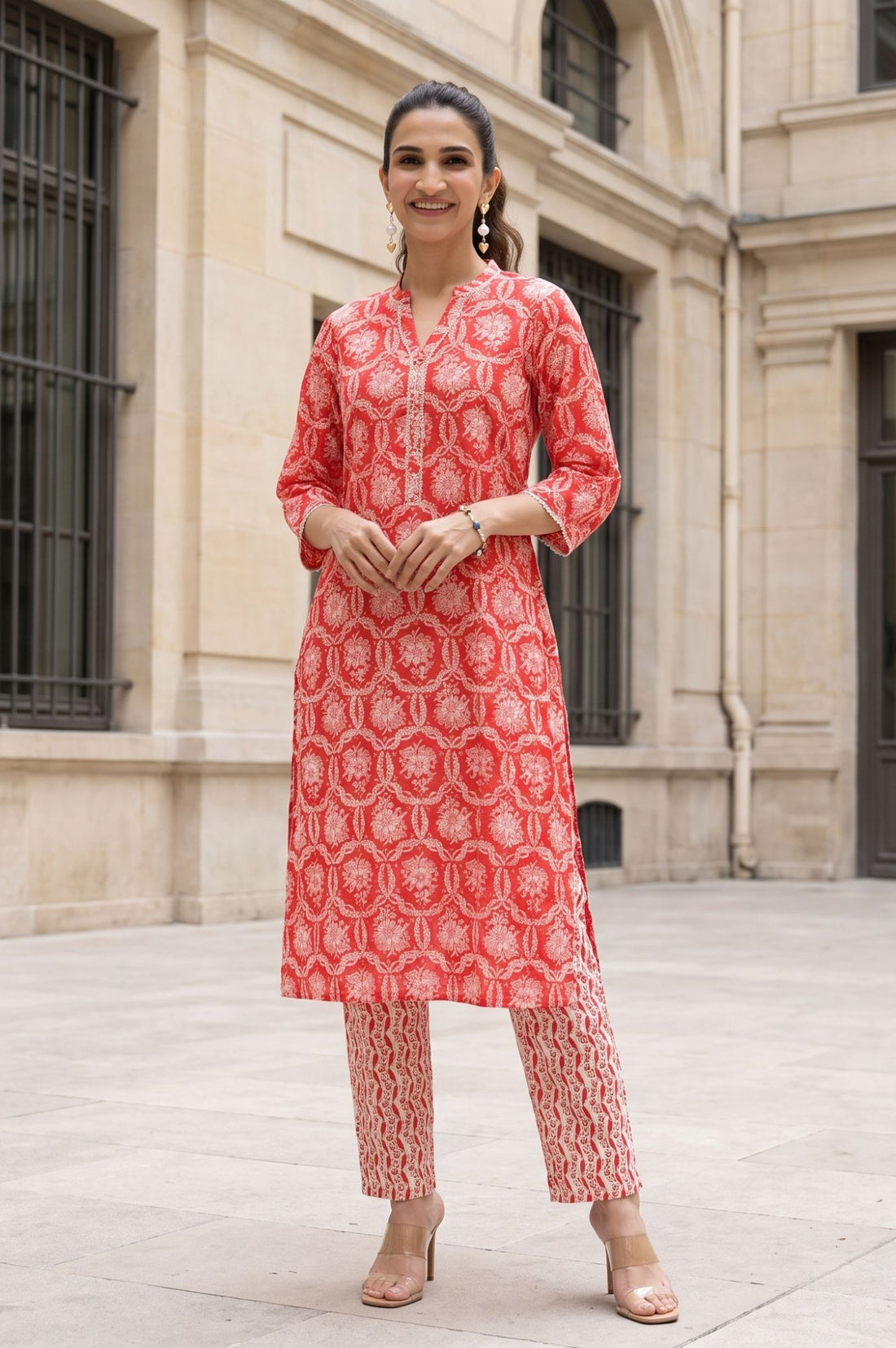 Red Floral Printed Lace Pure Cotton Straight Kurta with Trousers Set