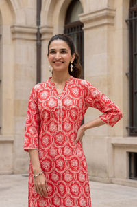 Red Floral Printed Lace Pure Cotton Straight Kurta with Trousers Set