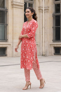 Red Floral Printed Lace Pure Cotton Straight Kurta with Trousers Set