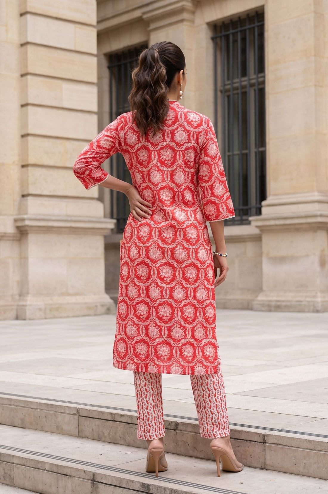 Red Floral Printed Lace Pure Cotton Straight Kurta with Trousers Set