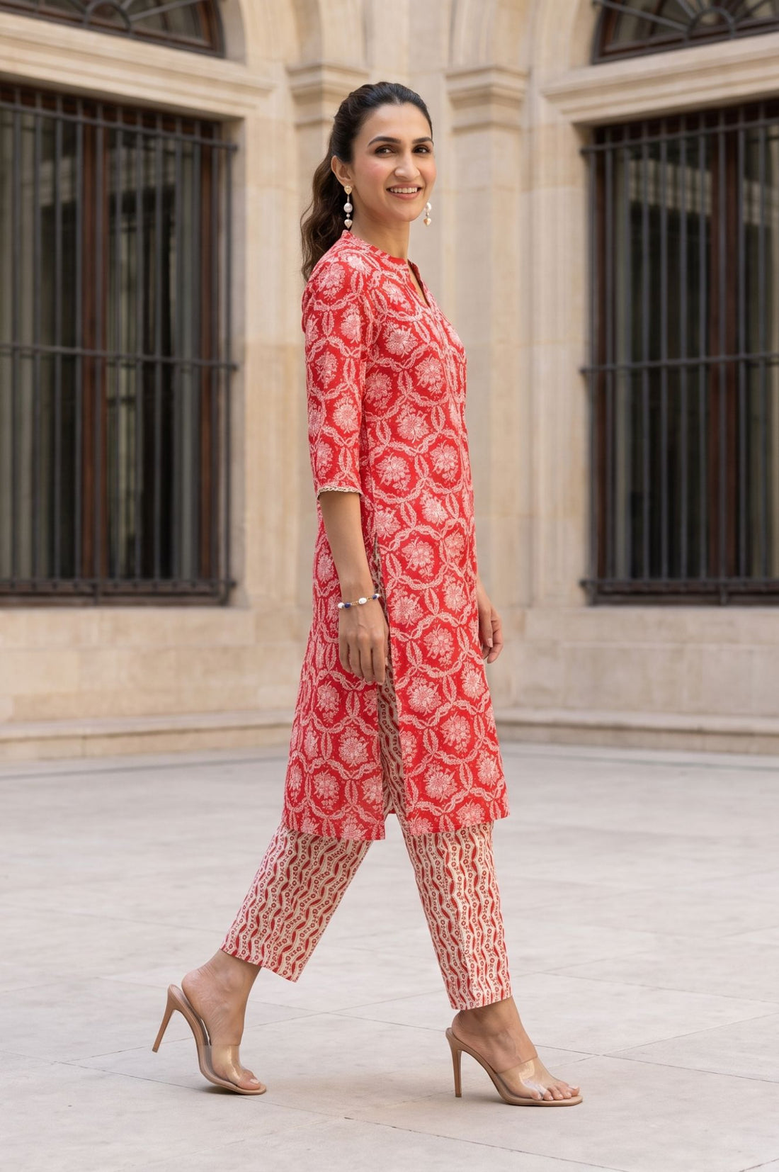Red Floral Printed Lace Pure Cotton Straight Kurta with Trousers Set