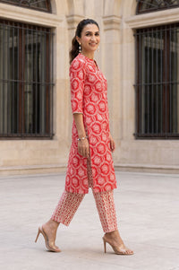 Red Floral Printed Lace Pure Cotton Straight Kurta with Trousers Set