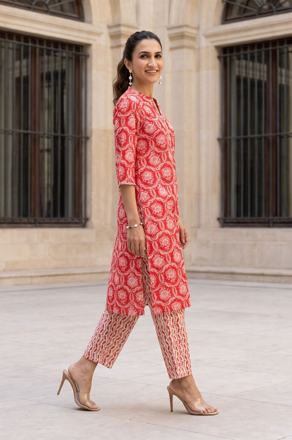 Red Floral Printed Lace Pure Cotton Straight Kurta with Trousers Set
