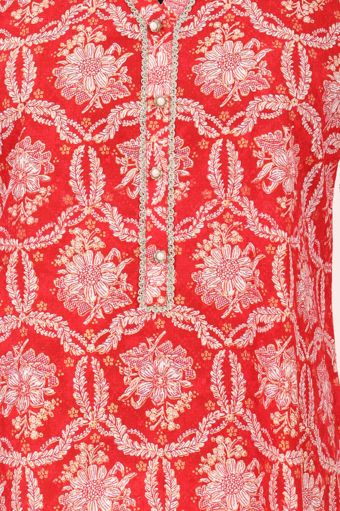 Red Floral Printed Lace Pure Cotton Straight Kurta with Trousers Set