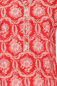 Red Floral Printed Lace Pure Cotton Straight Kurta with Trousers Set