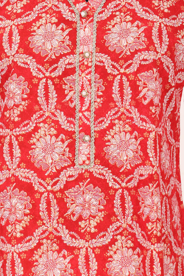 Red Floral Printed Lace Pure Cotton Straight Kurta with Trousers Set