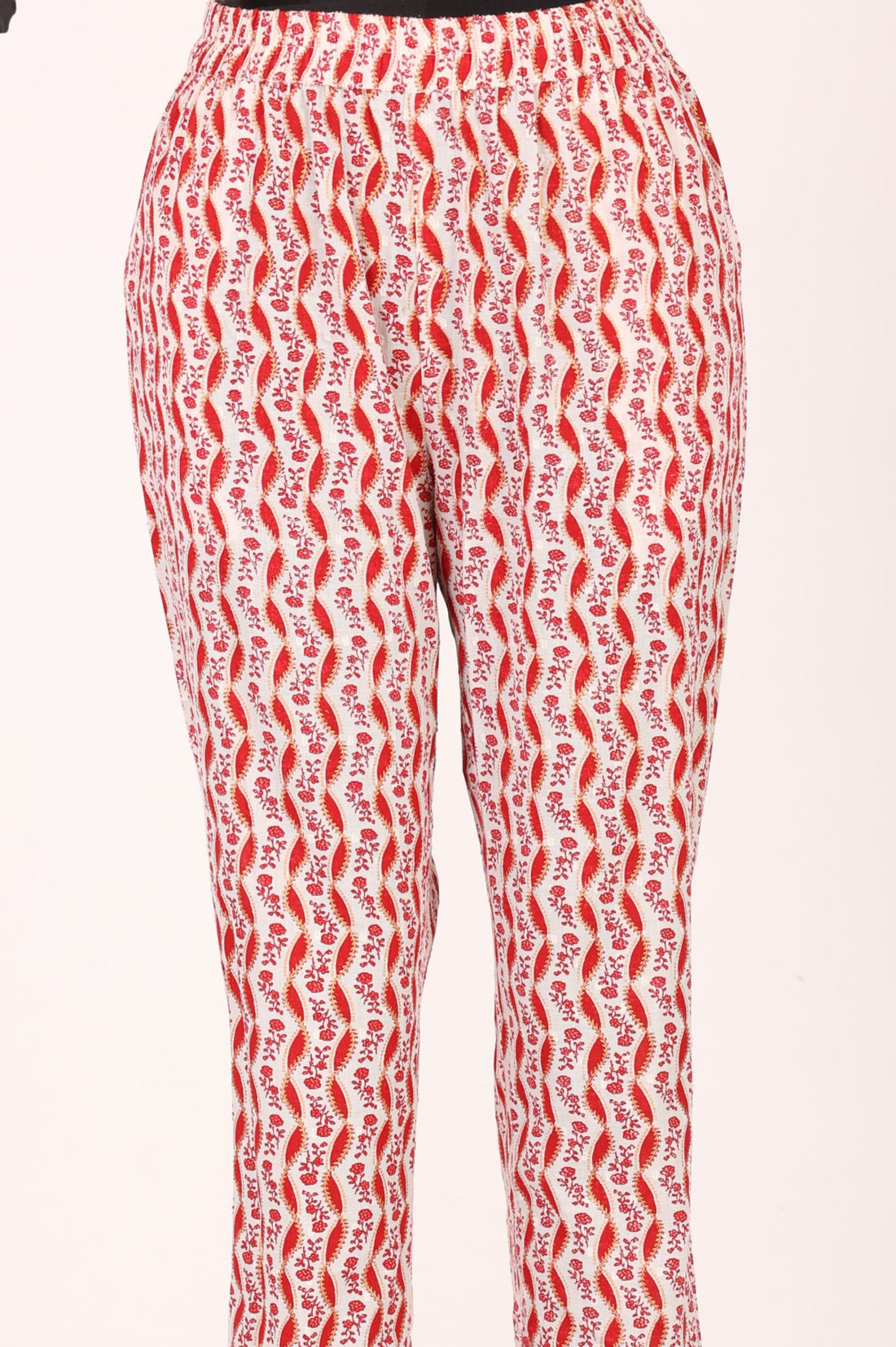 Red Floral Printed Lace Pure Cotton Straight Kurta with Trousers Set
