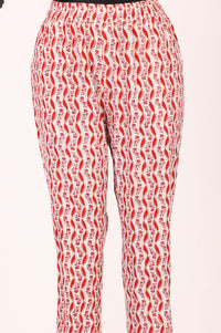 Red Floral Printed Lace Pure Cotton Straight Kurta with Trousers Set