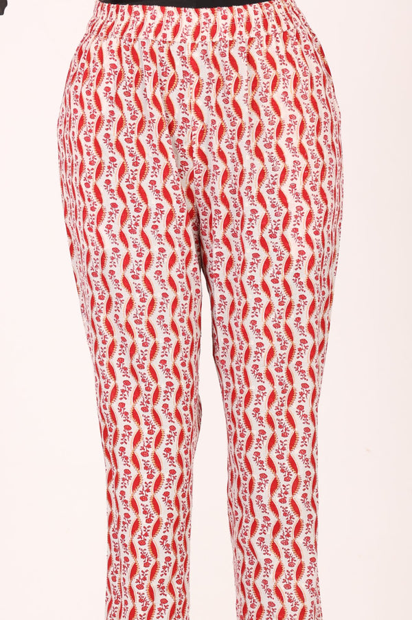 Red Floral Printed Lace Pure Cotton Straight Kurta with Trousers Set