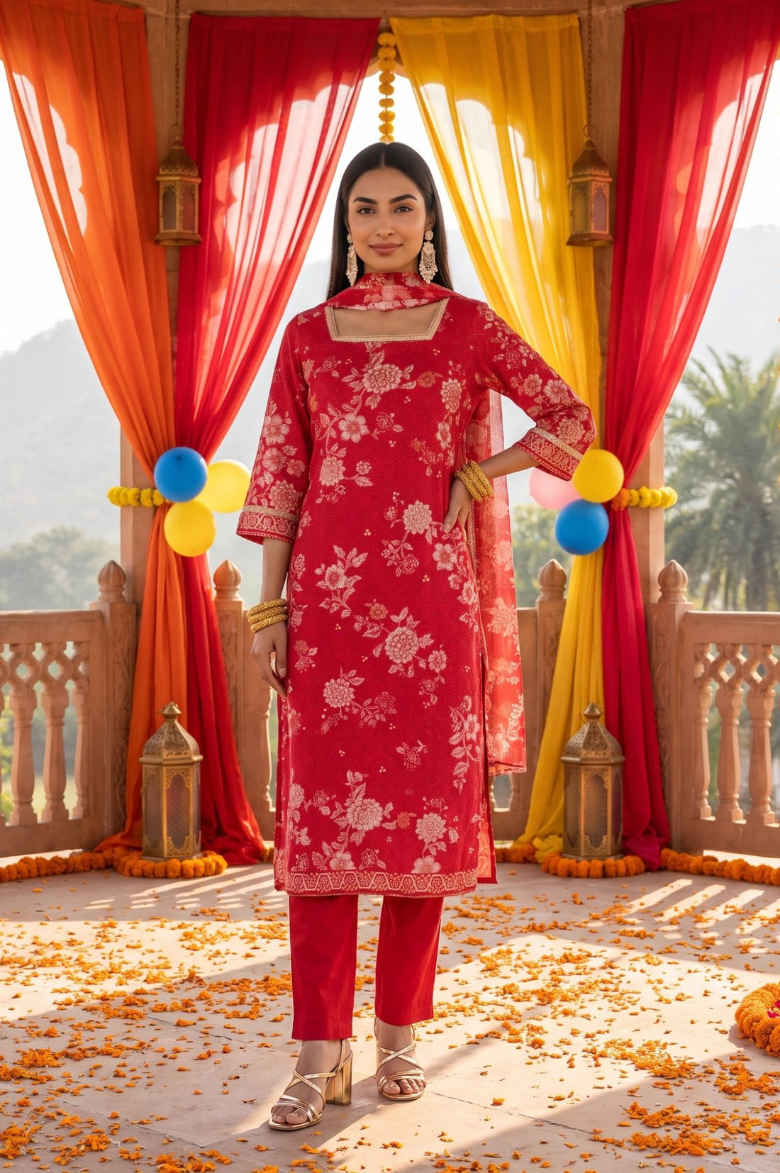 Red Floral Printed Lace Muslin Straight Kurta with Trousers and Dupatta Set