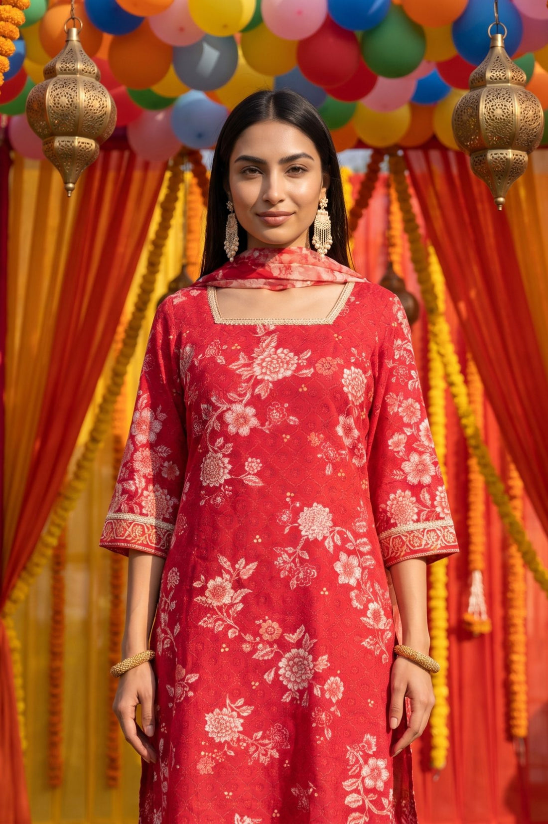 Red Floral Printed Lace Muslin Straight Kurta with Trousers and Dupatta Set