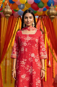 Red Floral Printed Lace Muslin Straight Kurta with Trousers and Dupatta Set