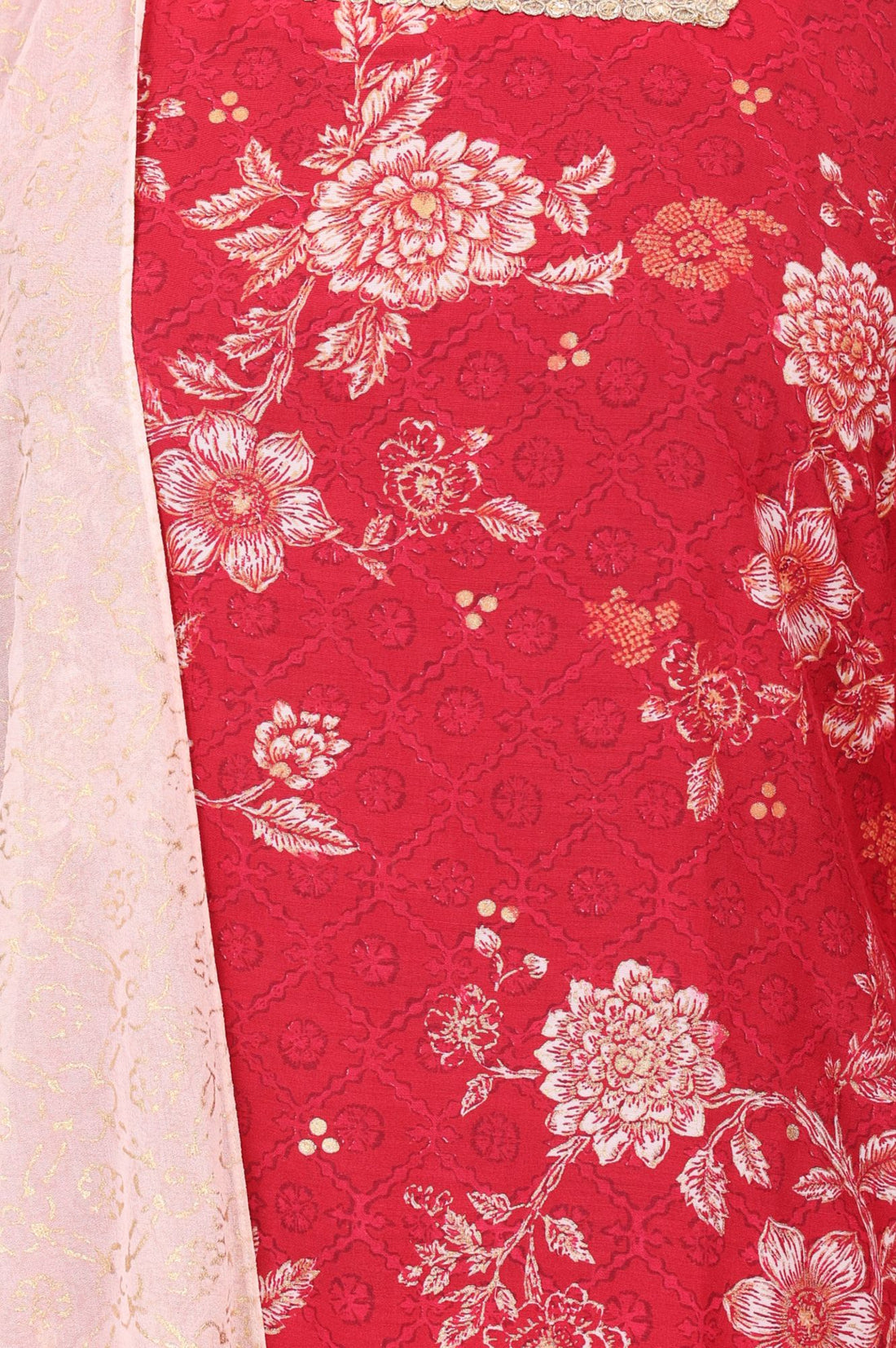 Red Floral Printed Lace Muslin Straight Kurta with Trousers and Dupatta Set