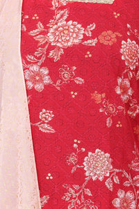 Red Floral Printed Lace Muslin Straight Kurta with Trousers and Dupatta Set