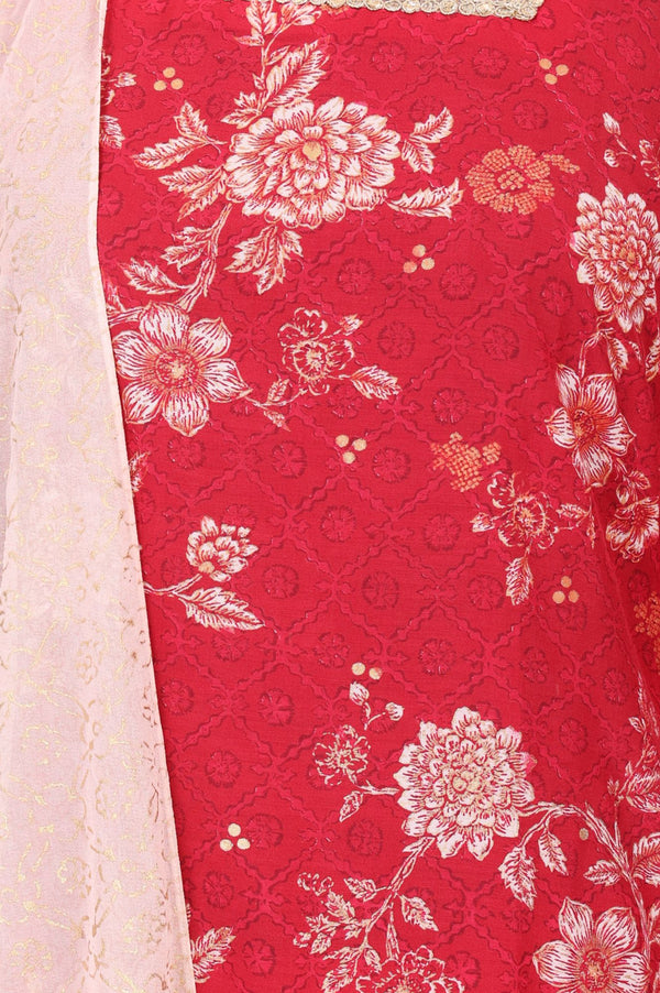 Red Floral Printed Lace Muslin Straight Kurta with Trousers and Dupatta Set