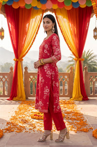 Red Floral Printed Lace Muslin Straight Kurta with Trousers and Dupatta Set