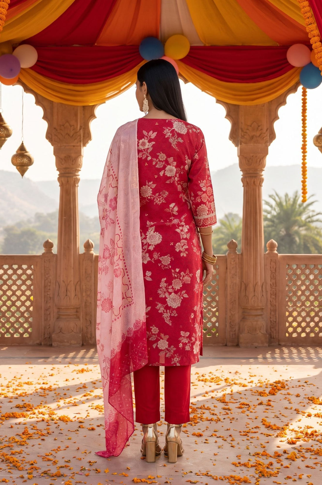 Red Floral Printed Lace Muslin Straight Kurta with Trousers and Dupatta Set