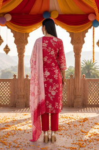Red Floral Printed Lace Muslin Straight Kurta with Trousers and Dupatta Set