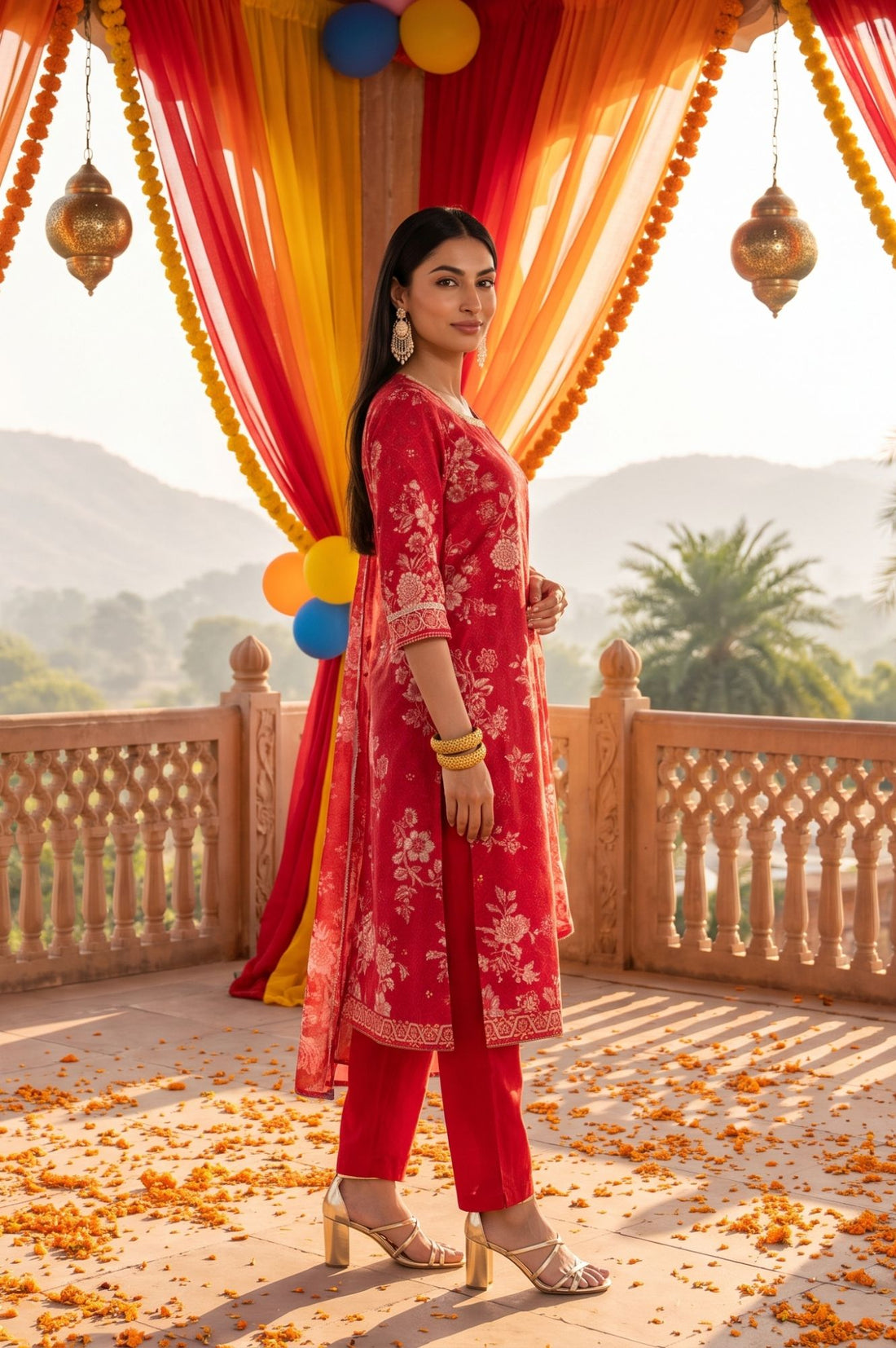 Red Floral Printed Lace Muslin Straight Kurta with Trousers and Dupatta Set