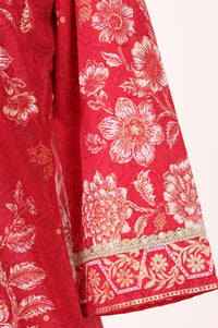 Red Floral Printed Lace Muslin Straight Kurta with Trousers and Dupatta Set