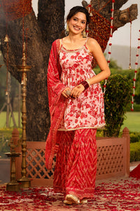 Red Floral Printed Georgette Sleeveless A-line Kurta with Sharara and Dupatta Set