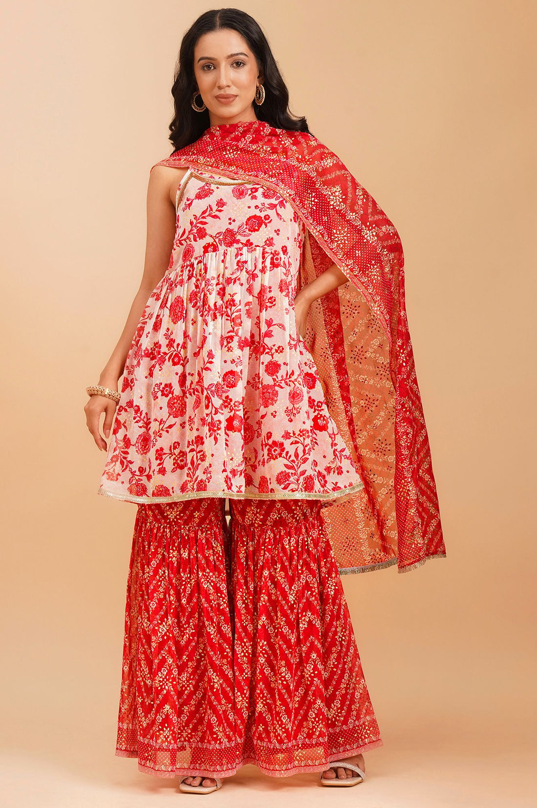 Red Floral Printed Georgette Sleeveless A-line Kurta with Sharara and Dupatta Set