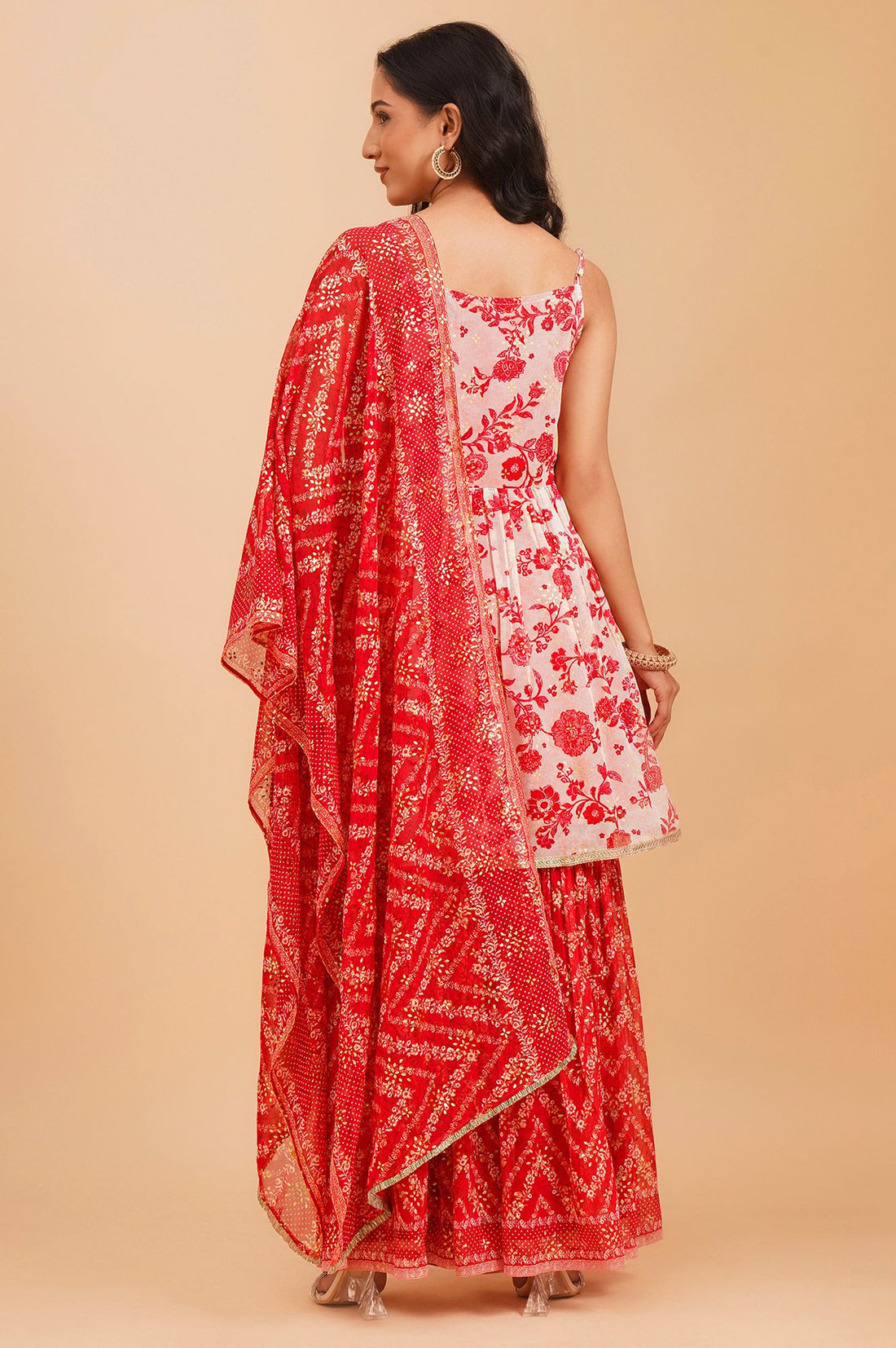 Red Floral Printed Georgette Sleeveless A-line Kurta with Sharara and Dupatta Set