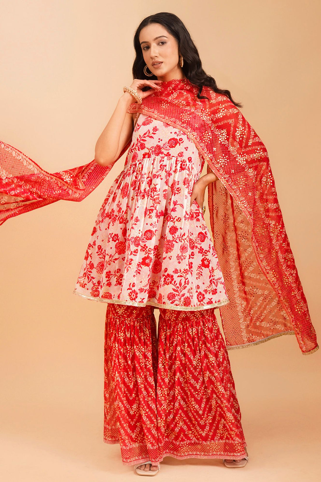 Red Floral Printed Georgette Sleeveless A-line Kurta with Sharara and Dupatta Set