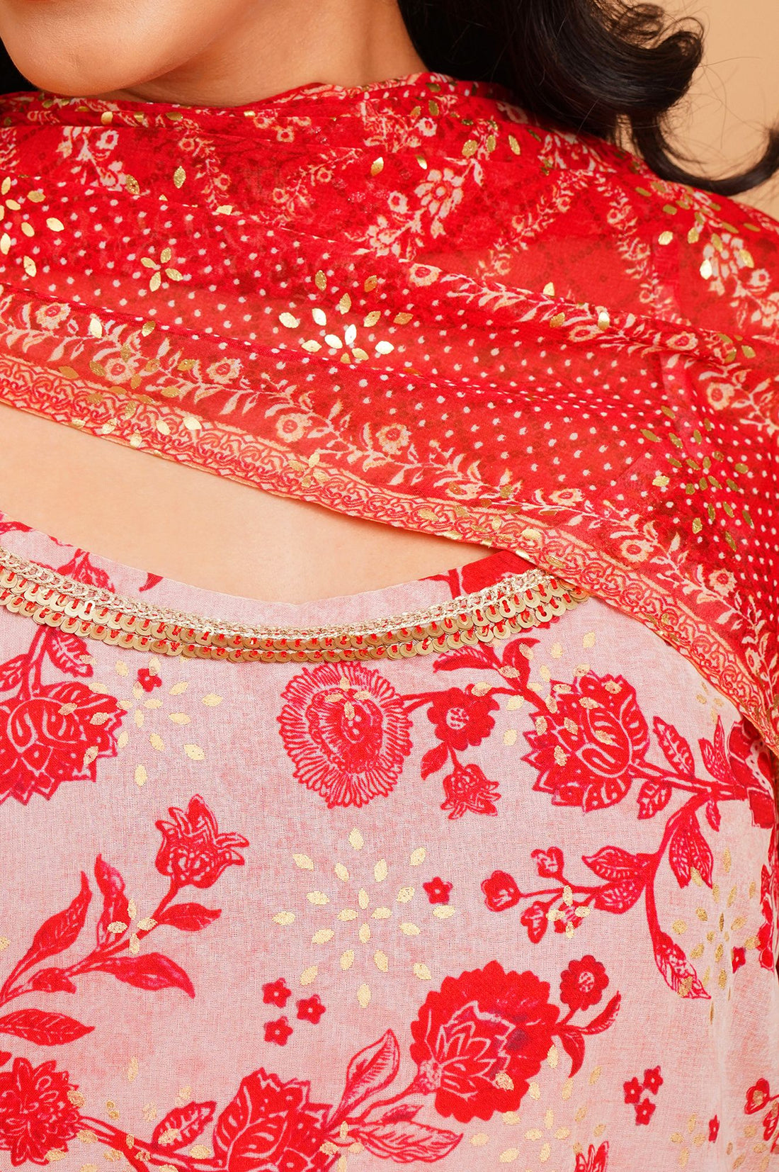 Red Floral Printed Georgette Sleeveless A-line Kurta with Sharara and Dupatta Set