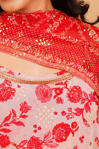 Red Floral Printed Georgette Sleeveless A-line Kurta with Sharara and Dupatta Set