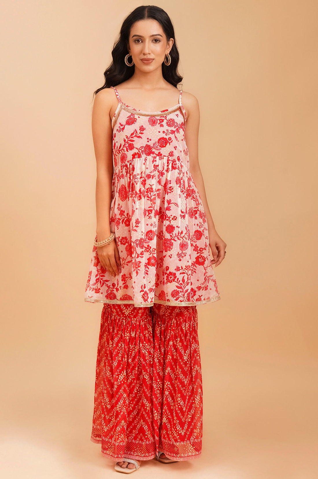 Red Floral Printed Georgette Sleeveless A-line Kurta with Sharara and Dupatta Set