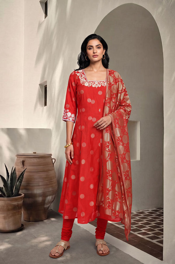 Red Thread Embroidered Chanderi Flared Kurta with Tights and Dupatta Set