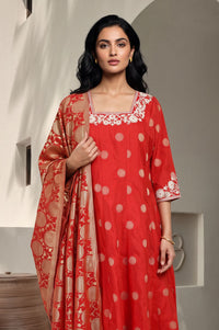 Red Thread Embroidered Chanderi Flared Kurta with Tights and Dupatta Set