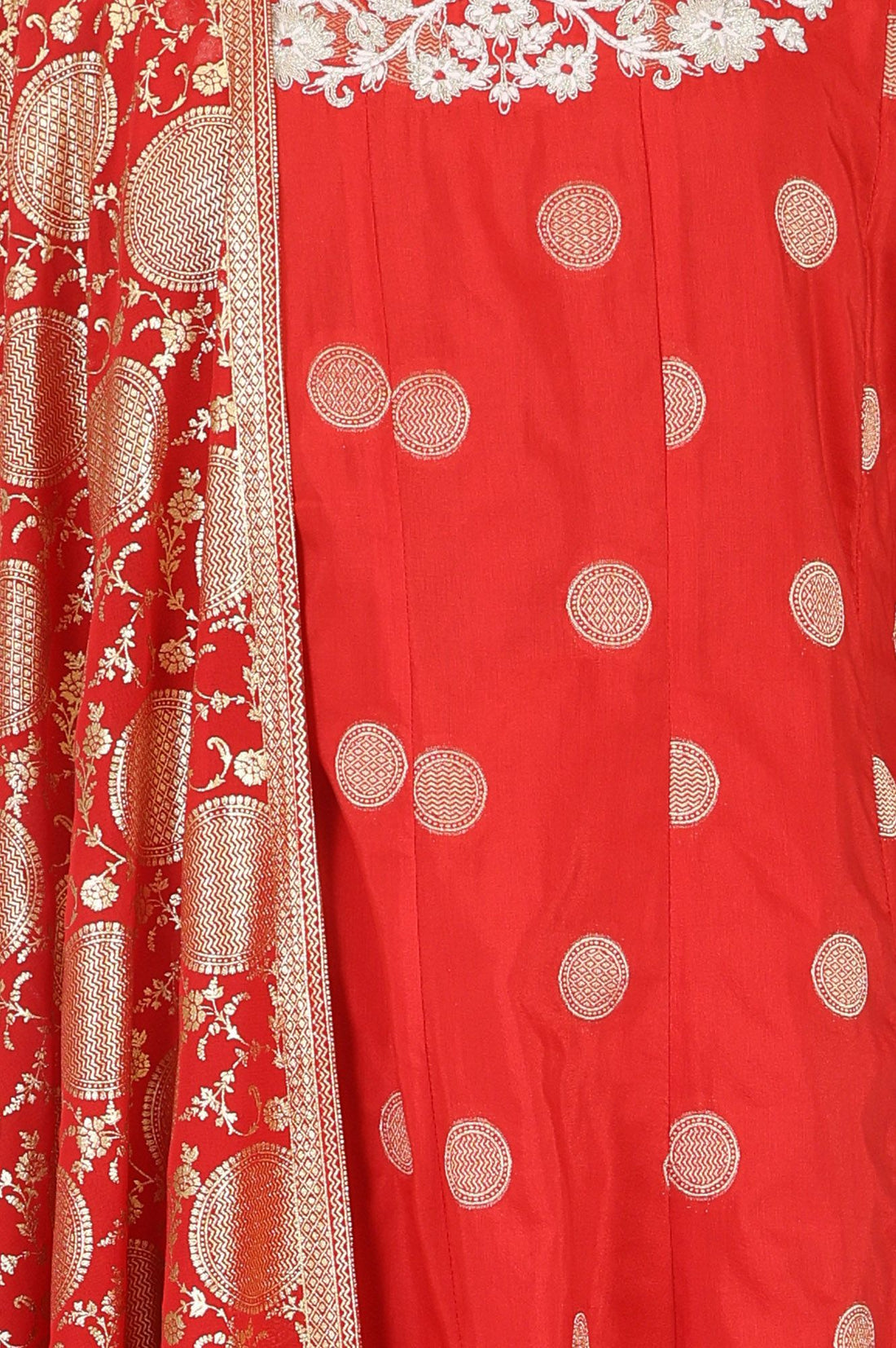 Red Thread Embroidered Chanderi Flared Kurta with Tights and Dupatta Set