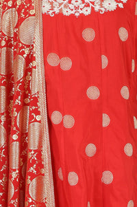 Red Thread Embroidered Chanderi Flared Kurta with Tights and Dupatta Set